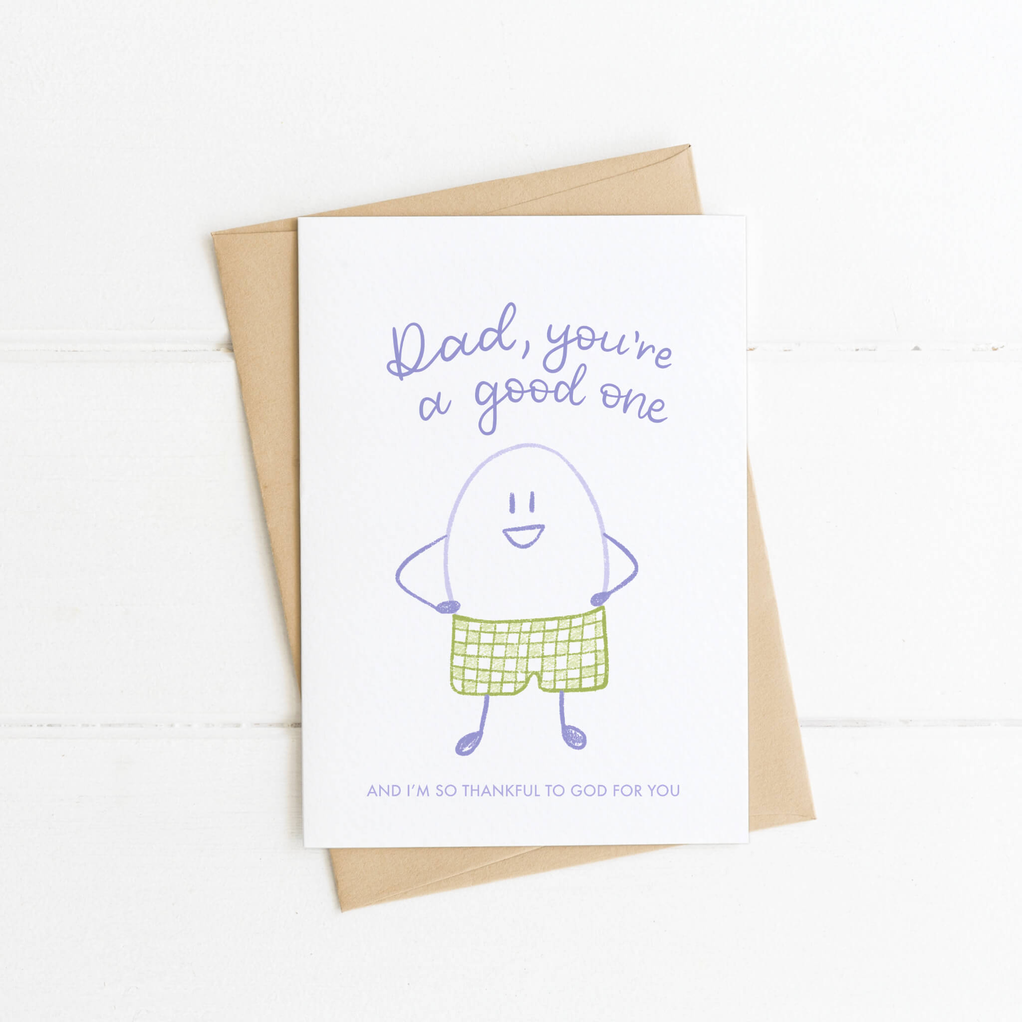 Front cover of You're A Good Egg Christian Father's Day Card featuring a humorous illustration and heartfelt message