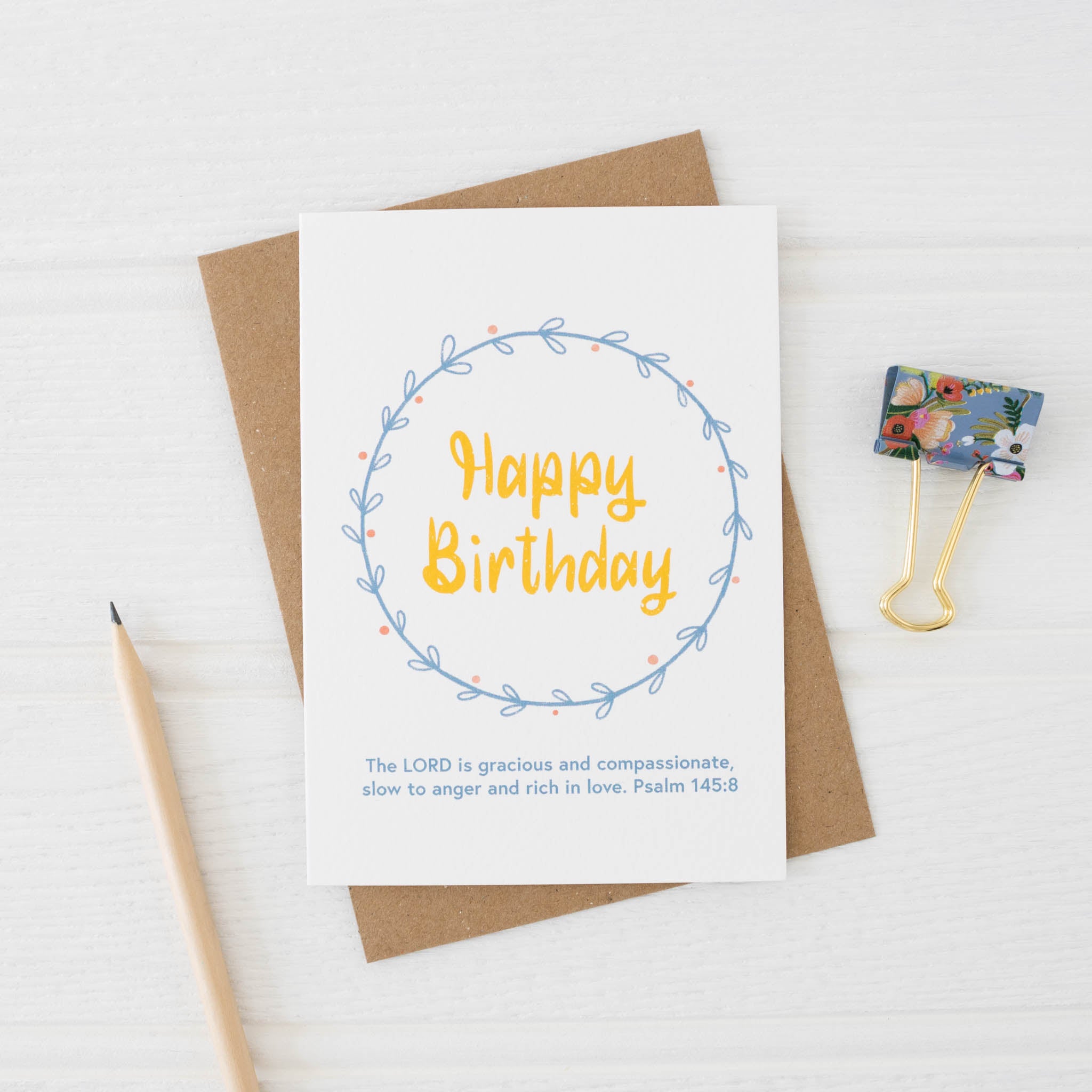 Blue and Yellow Leaf Wreath Bible Verse Birthday Card and envelope - By the Brook Creations