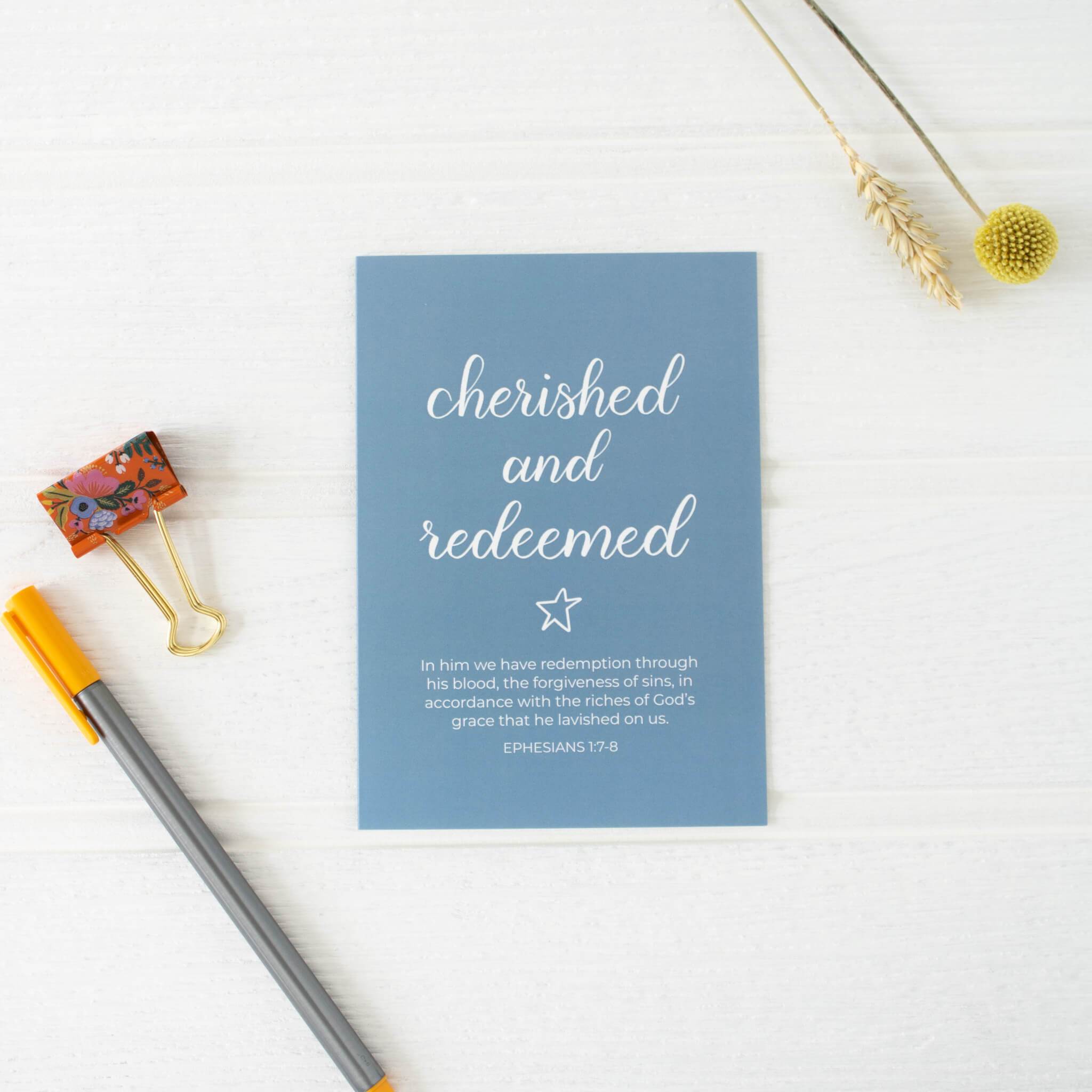 Cherished and Redeemed Card - Ephesians 1:7-8 - By the Brook Creations