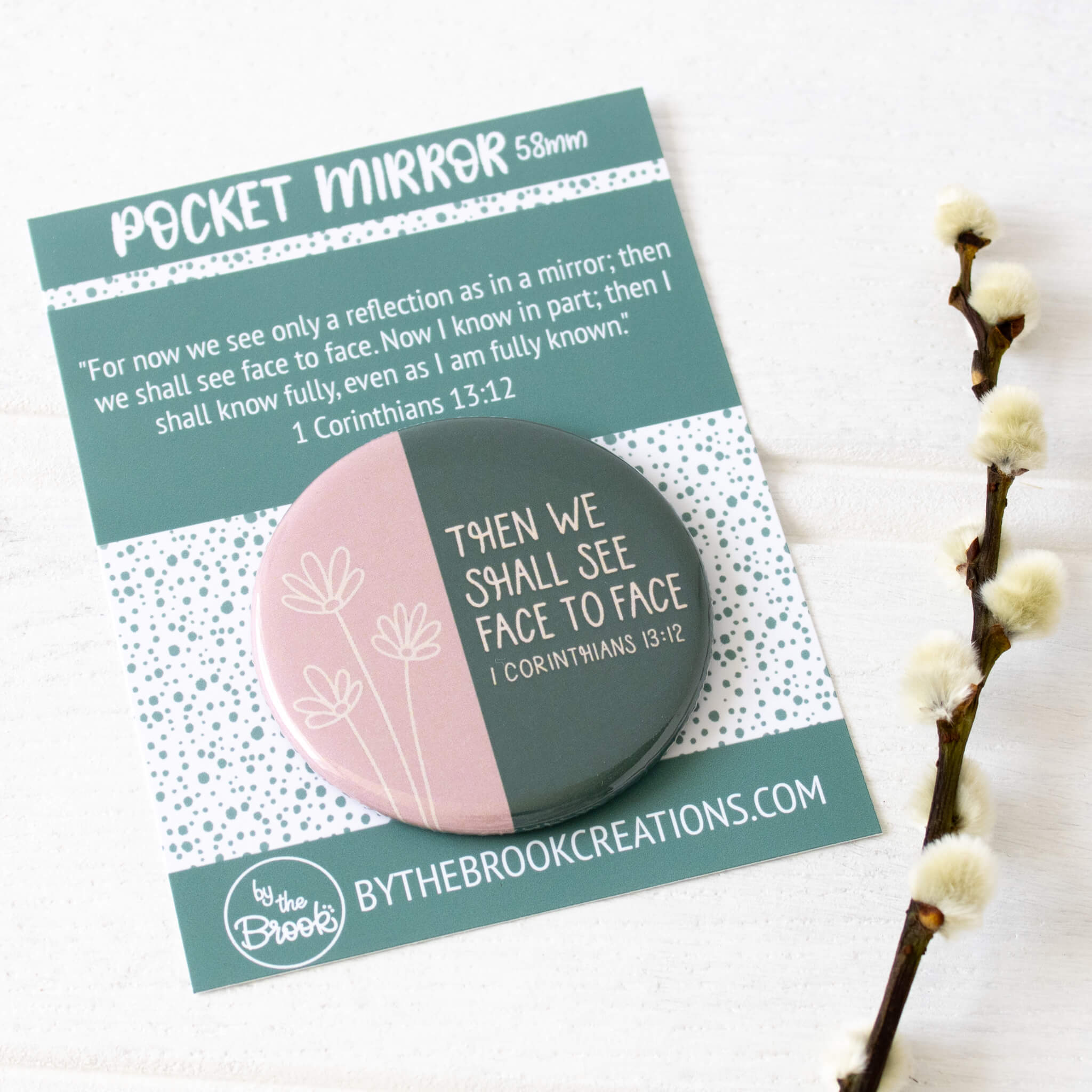 Face to Face Pocket Mirror with pretty backing insert and verse 1 Corinthians 13:12