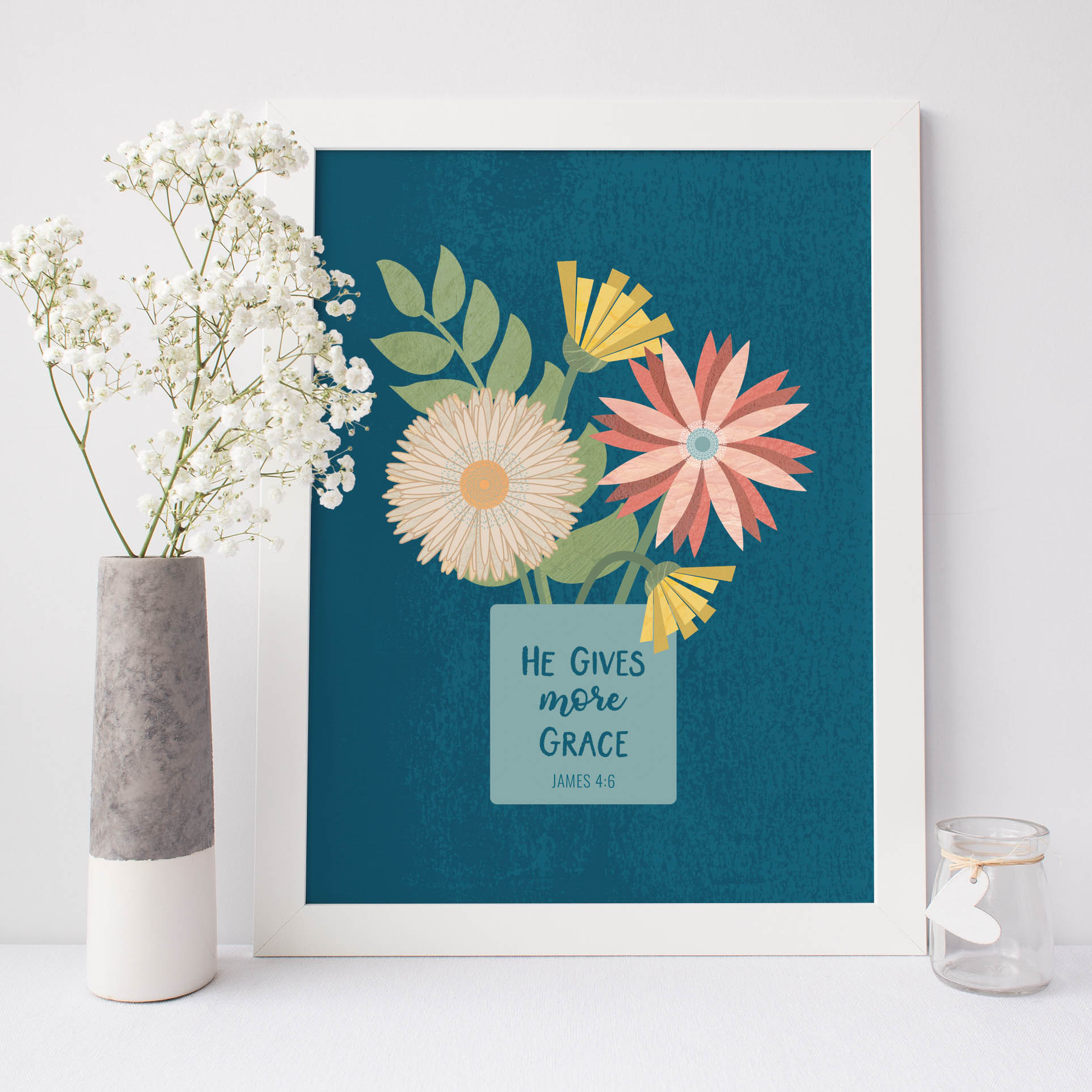 He Gives More Grace Print - James 4:6 with blue background from By the Brook Creations