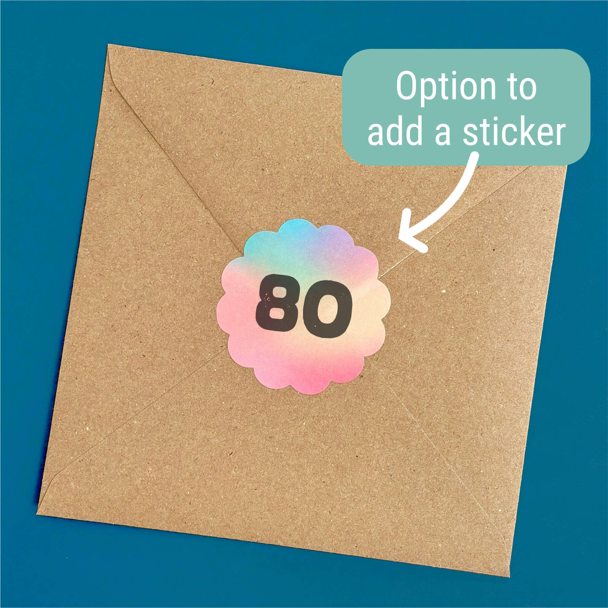 Kraft paper envelope with a colourful '80' sticker