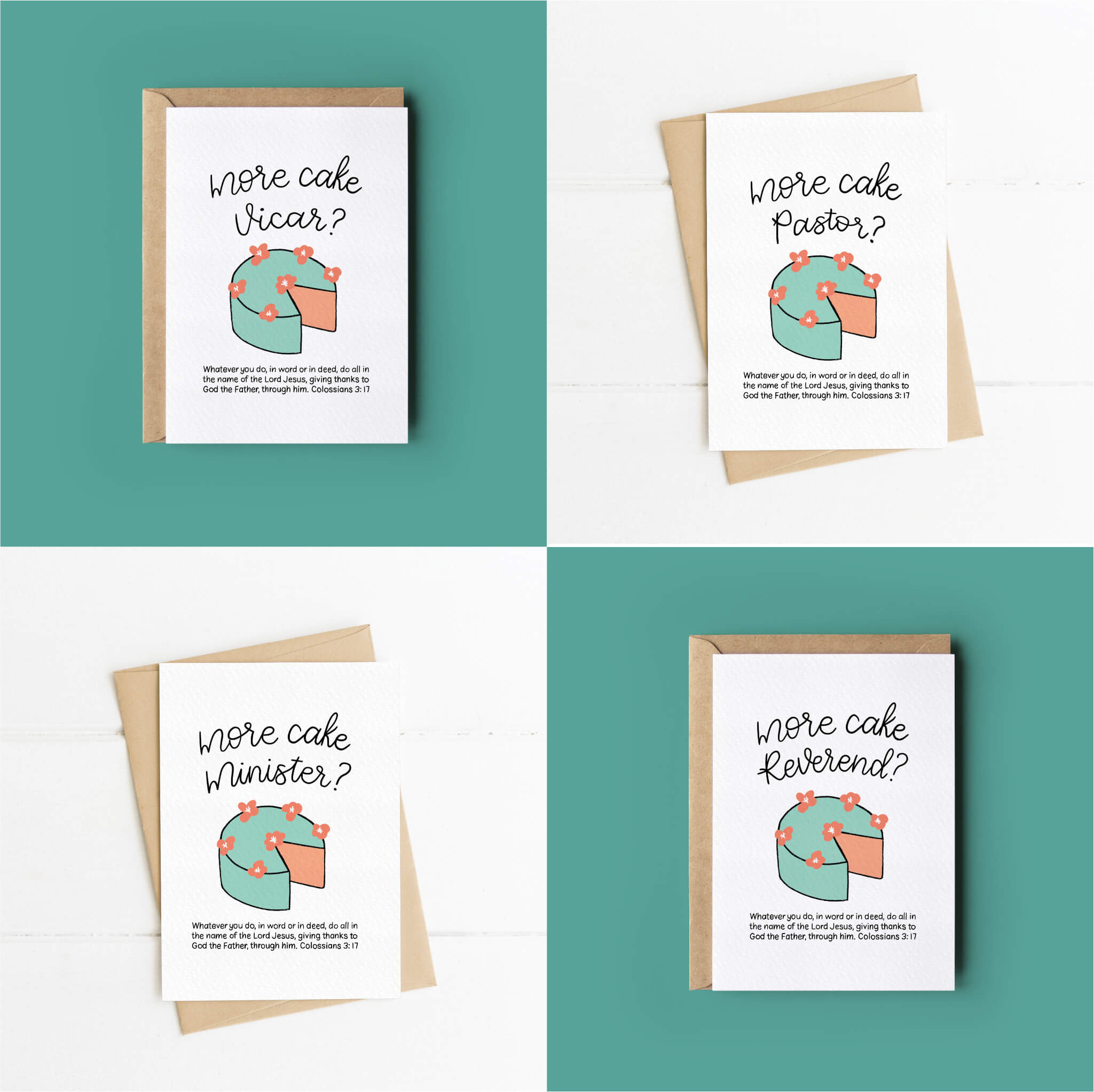 More Cake Fun Bible Verse Ministry/Ordination Card - Colossians 3:17 (your choice of title Minister, Reverend, Pastor, Vicar)
