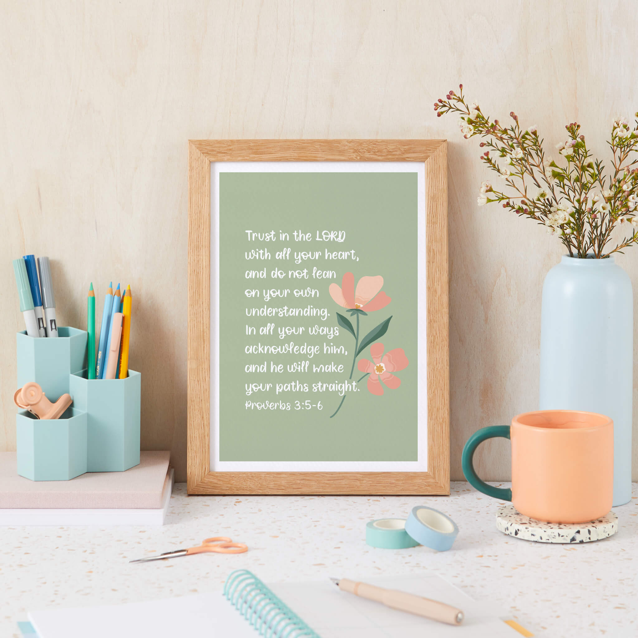 Unframed Stationery Print - Trust In The Lord With All Your Heart - Proverbs 3 - Contemporary Hand-Lettering and Floral Illustration