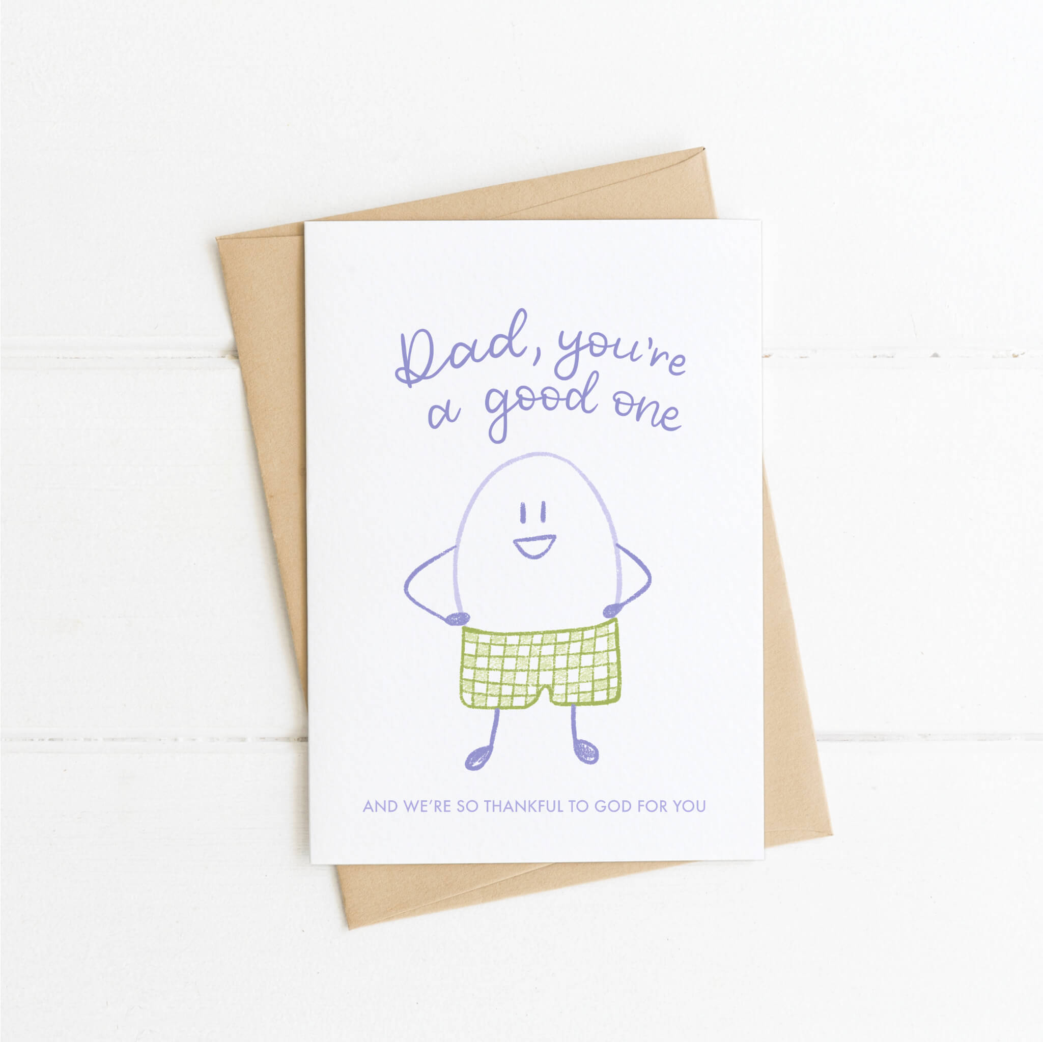 Humorous illustration on the front of You're A Good Egg Christian Father's Day Card, perfect for fathers.