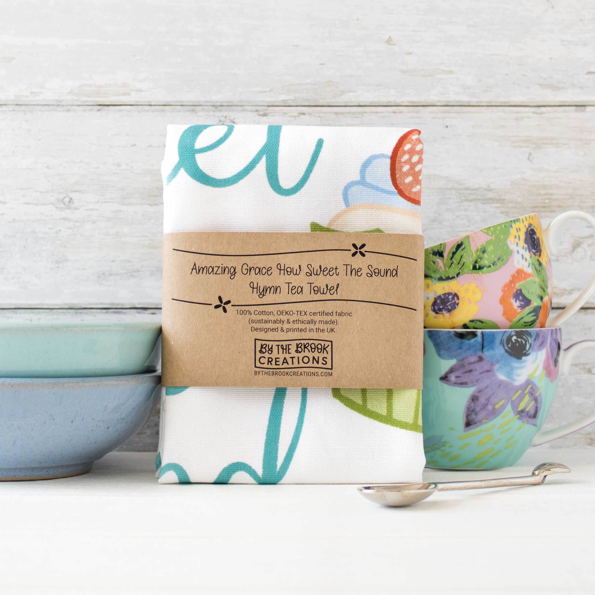 Amazing Grace How Sweet The Sound Christian Hymn Tea Towel packaging from By the Brook Creations