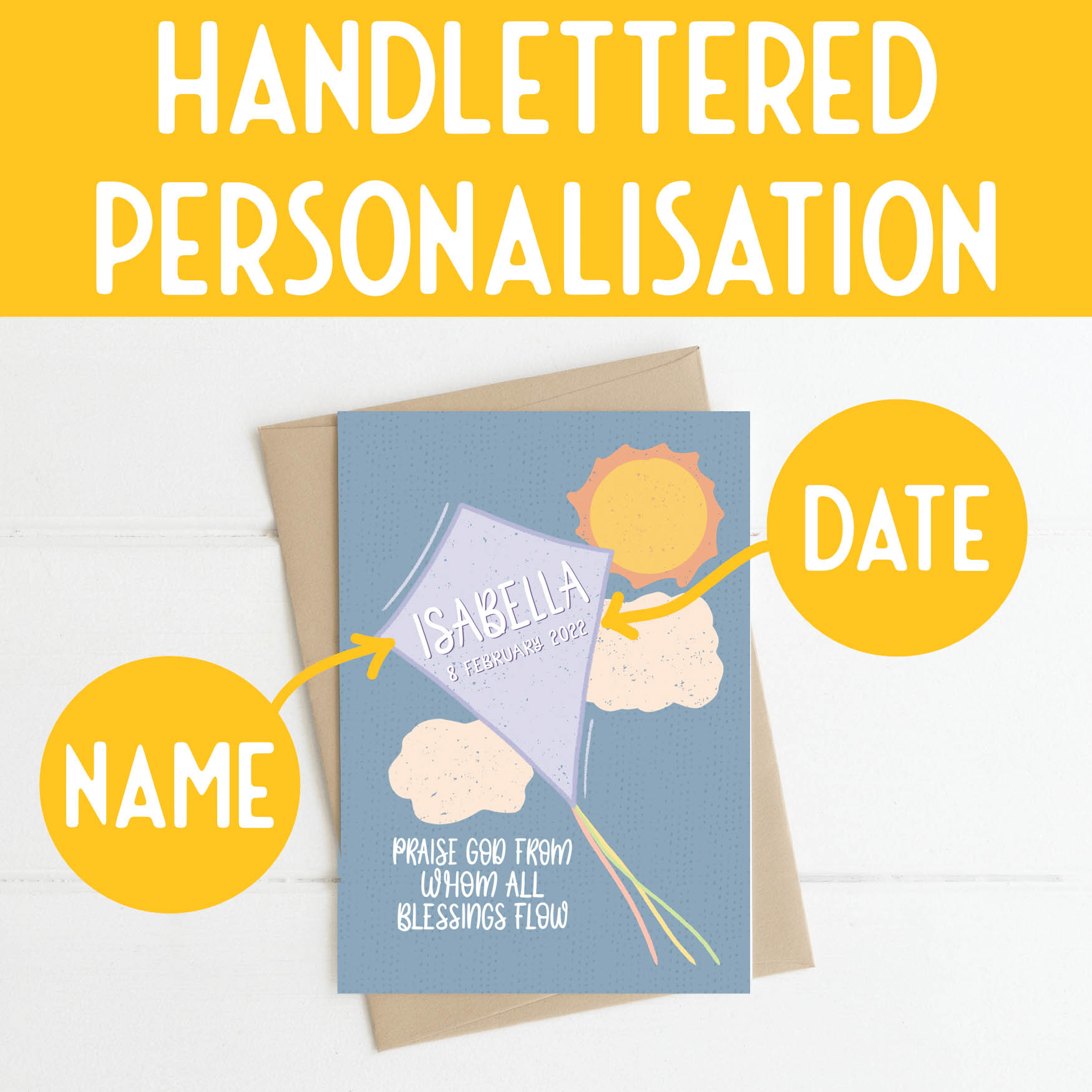 Personalised Flying Kite New Addition to the Family Christian Card with handlettered name and date