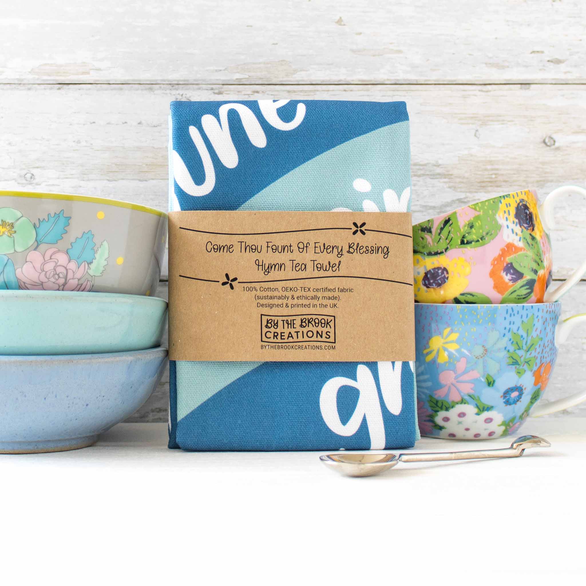Come Thou Fount Of Every Blessing Christian Hymn Tea Towel packaging from By the Brook Creations