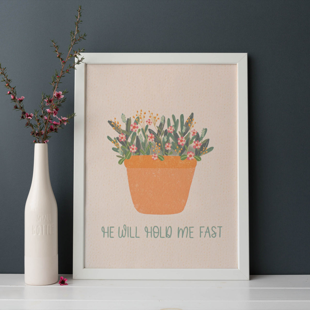 He Will Hold Me Fast Floral Print displayed in a frame. Created by By the Brook Creations.