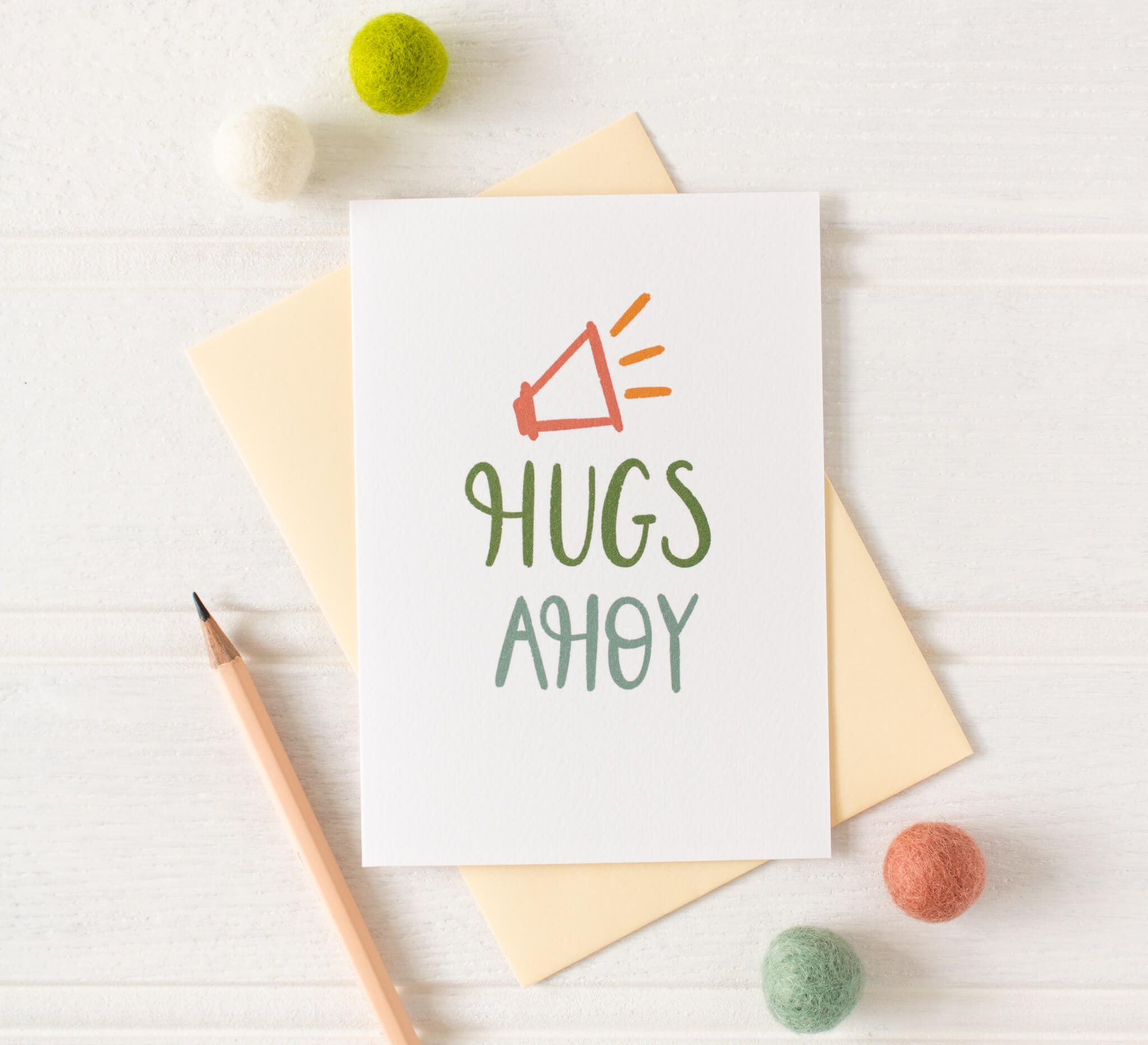 Hugs Ahoy encouragement card with environmentally friendly magnolia coloured envelope