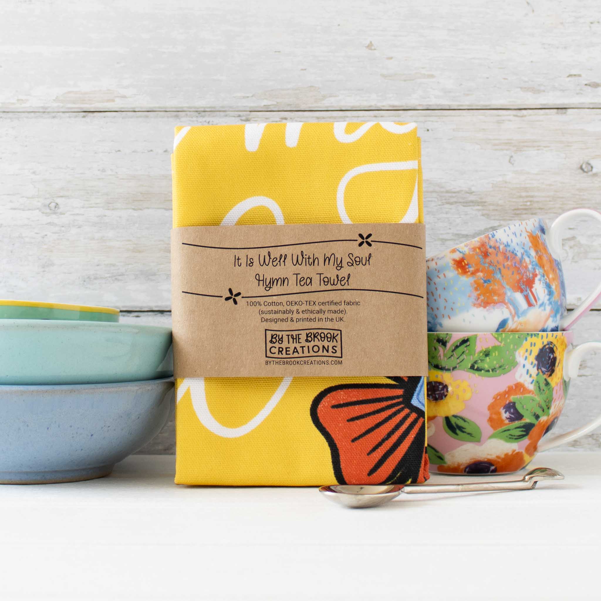 It Is Well With My Soul Christian Hymn Tea Towel with packaging from By the Brook Creations