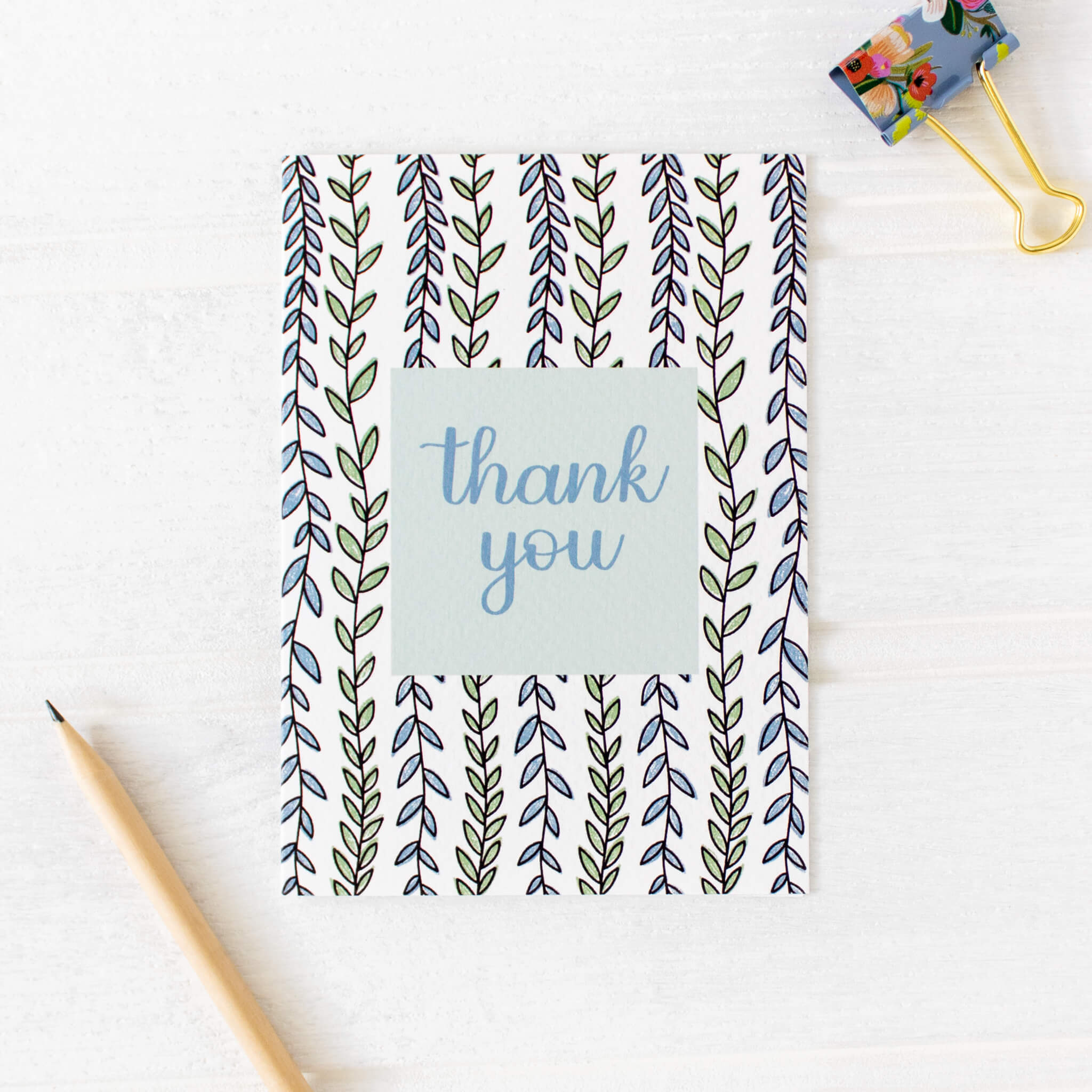 Luxury textured leafy thank you card in blue and green