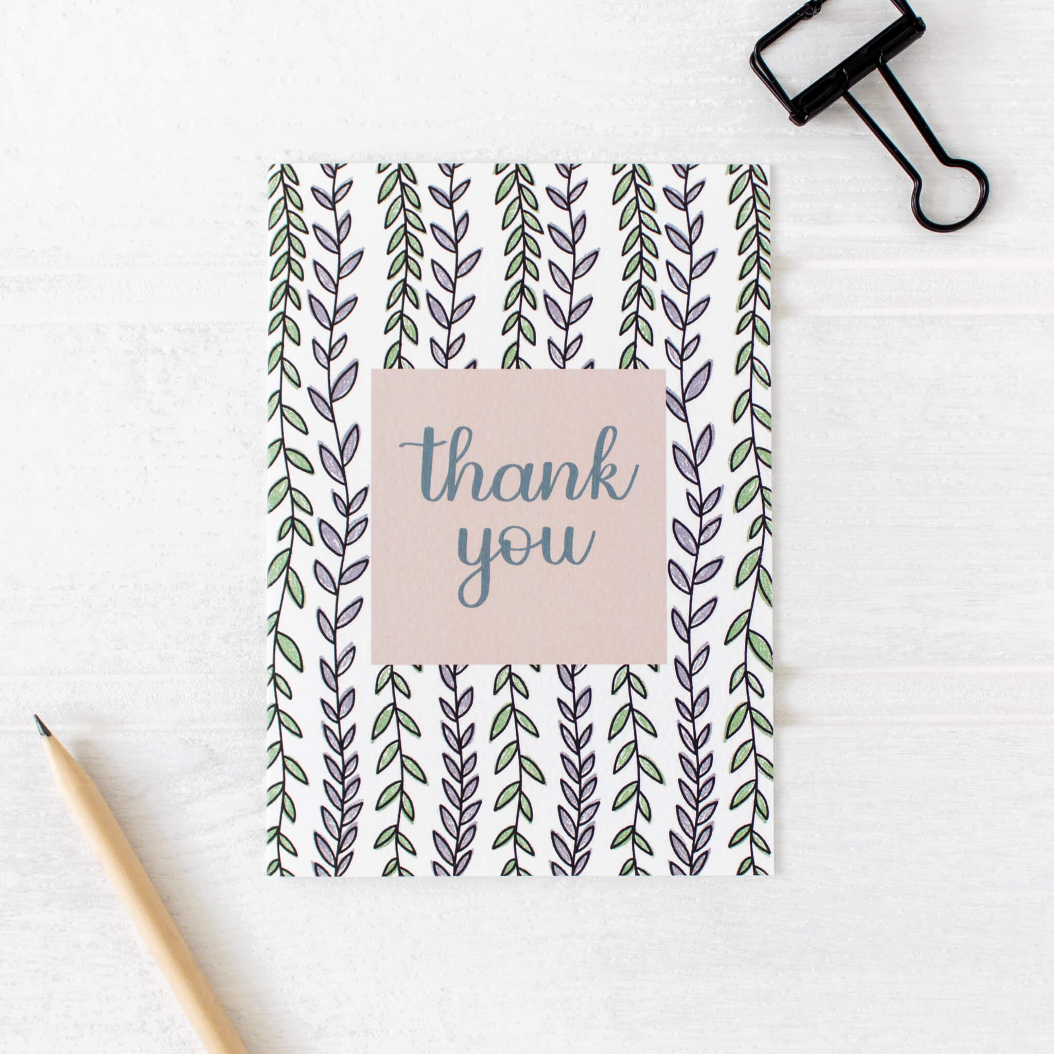 Luxury textured leafy thank you card in purple and green