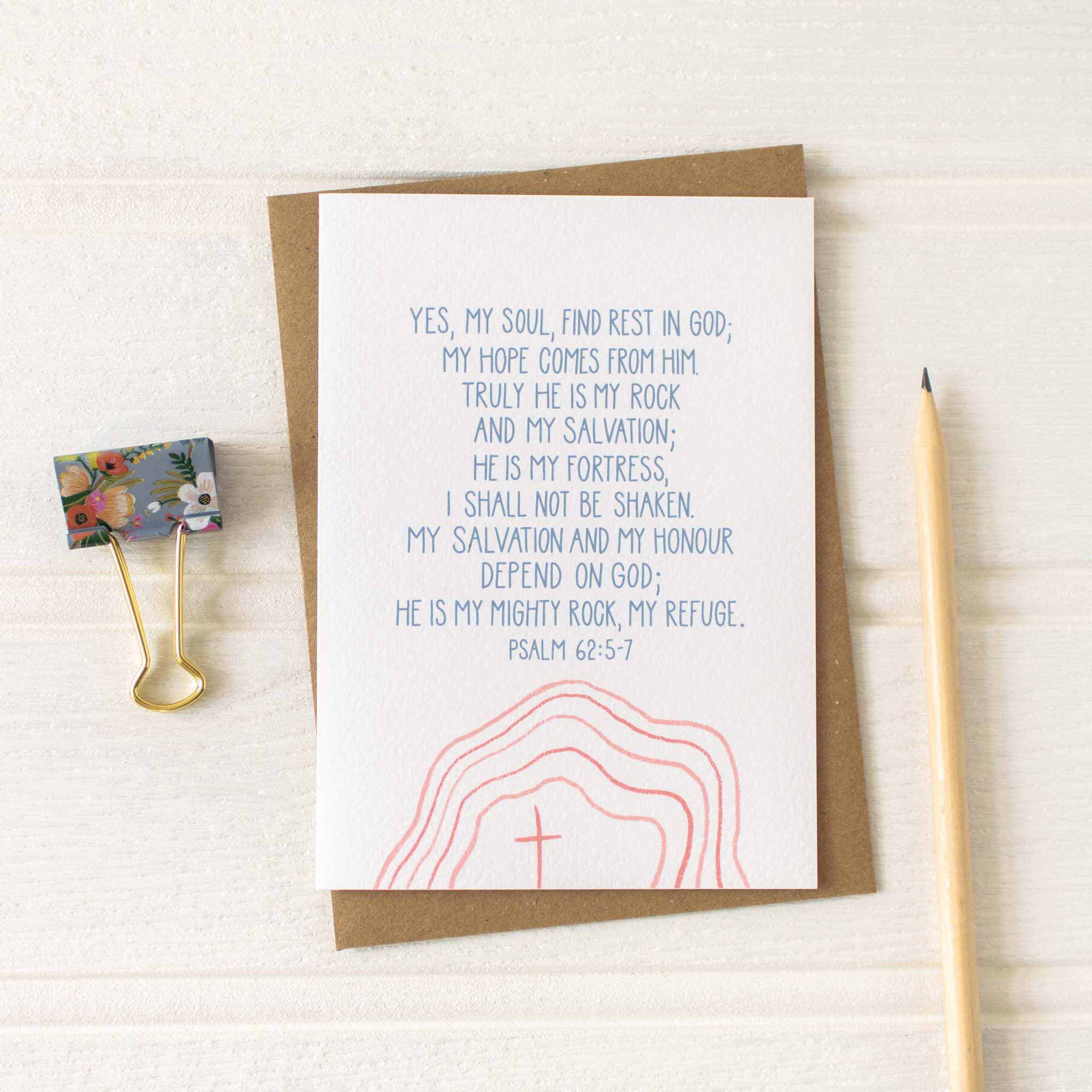 My Rock and My Salvation Psalm 62 Card in blue and pink on white with kraft envelope from By the Brook Creations