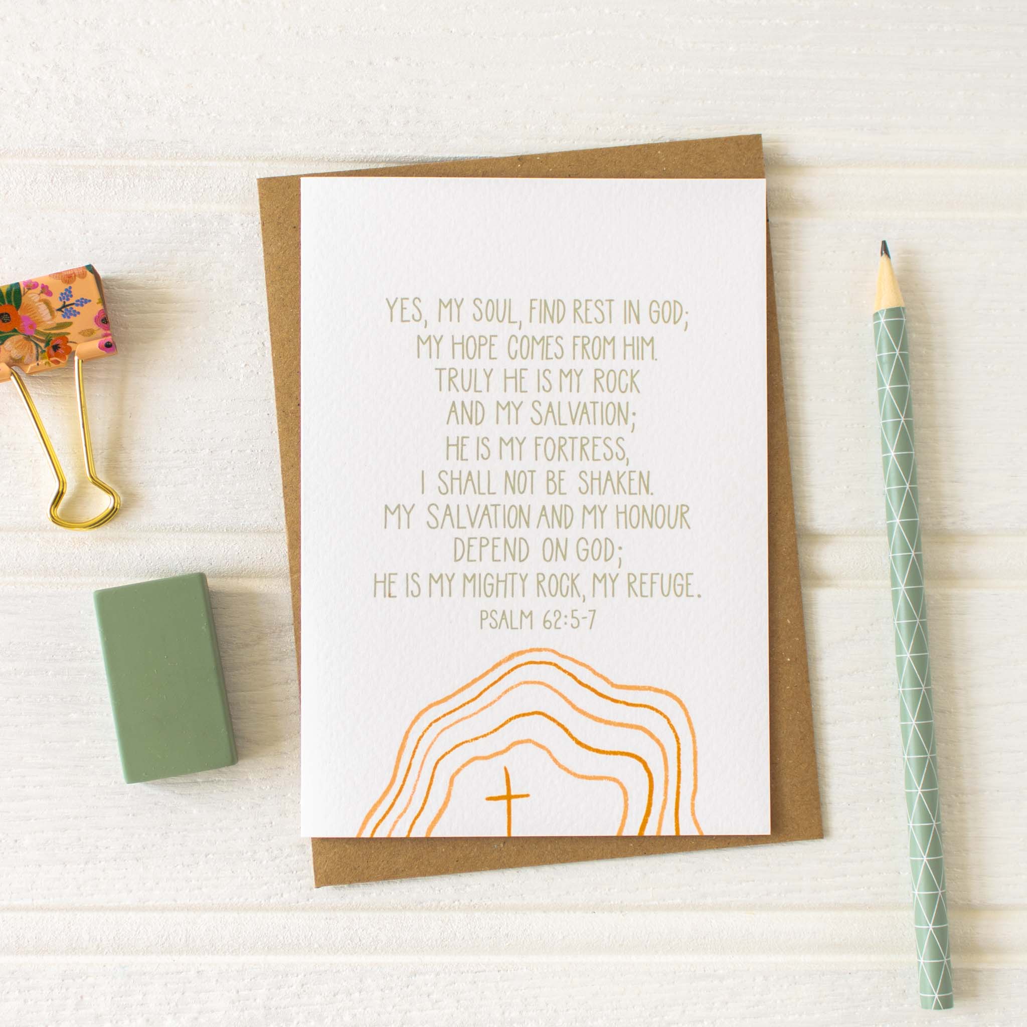 My Rock and My Salvation Psalm 62 Card in pistachio and peach on white with kraft envelope from By the Brook Creations
