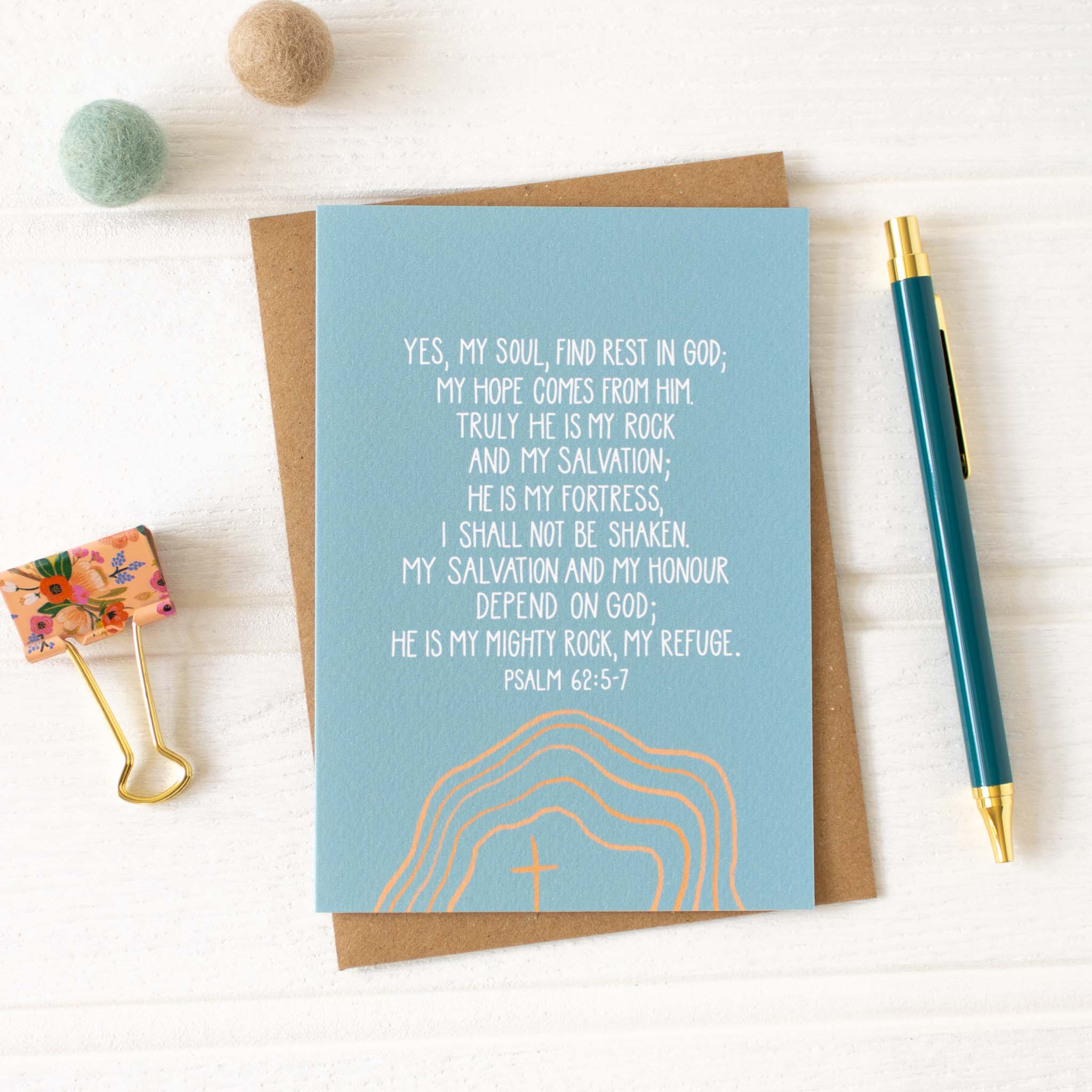 My Rock and My Salvation Psalm 62 Card in white and orange on pale teal from By the Brook Creations