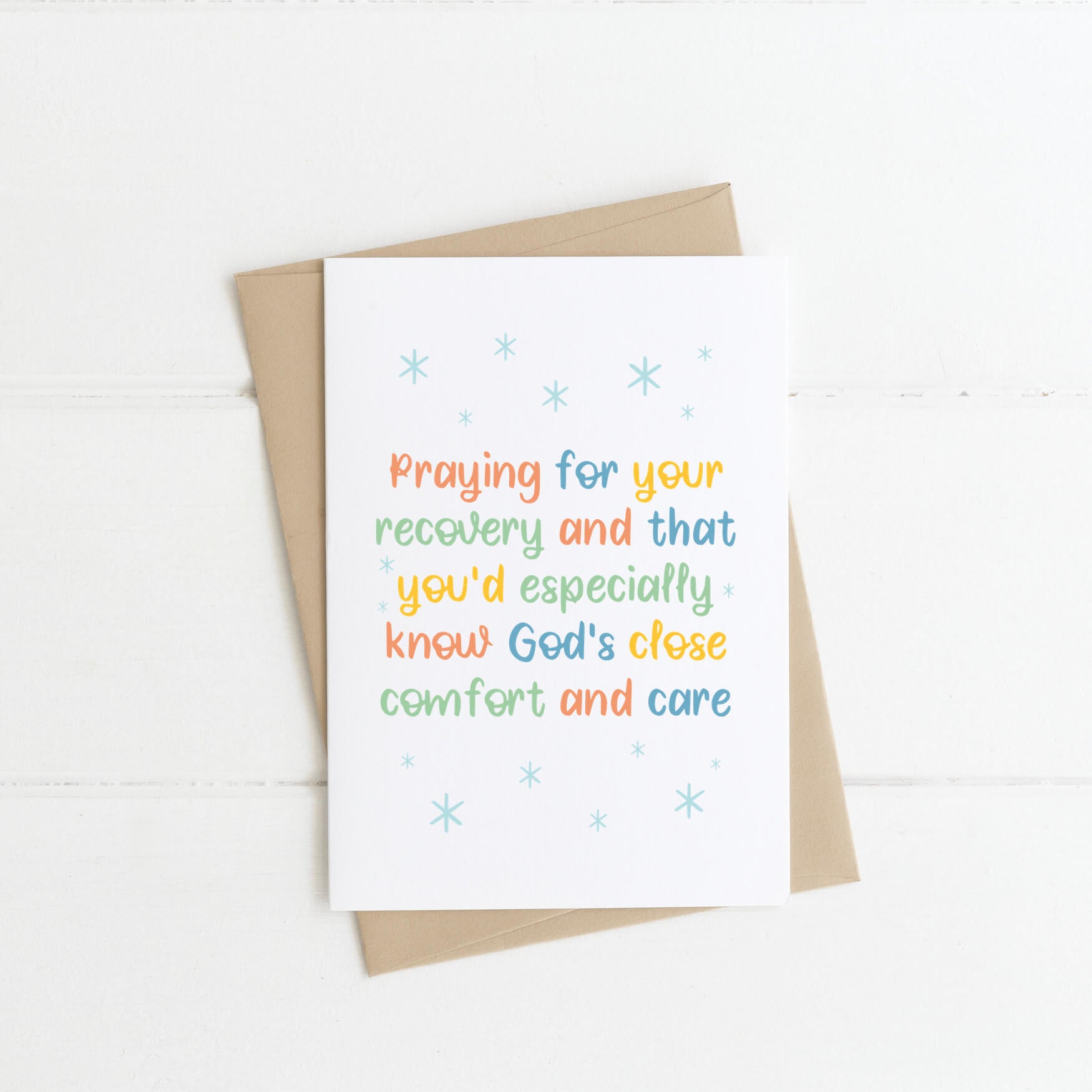 Praying God's Close Comfort and Care Christian Get Well Card from By the Brook Creations with kraft envelope